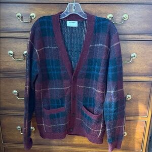 Old Navy Men's Cardigan Sweater - Burgundy and Green Plaid
